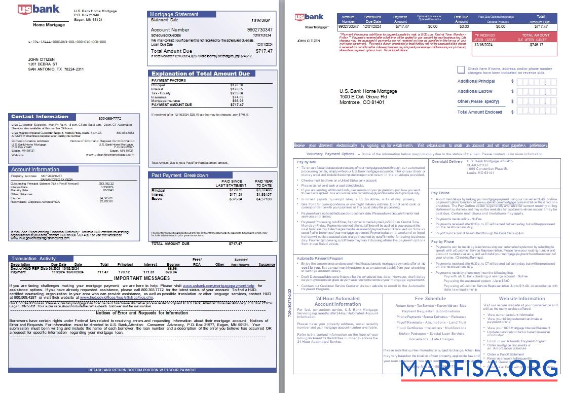 Downloadable USA Missouri U.S. Bank Home mortgage statement, 3 pages scr sample